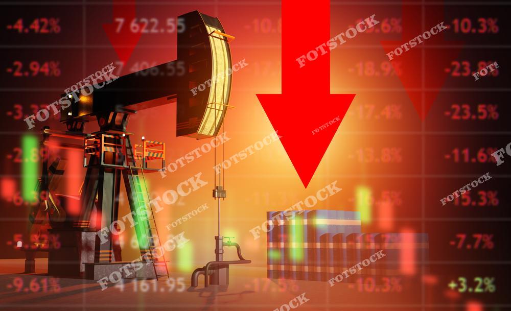 Изображение нефтяной качалки на фоне красного графика с падающими процентами и крупной стрелкой вниз, символизирующими снижение цен на нефть и кризисные тенденции на рынке. Фотография иллюстрирует волатильность в энергетическом секторе и его влияние на экономику.